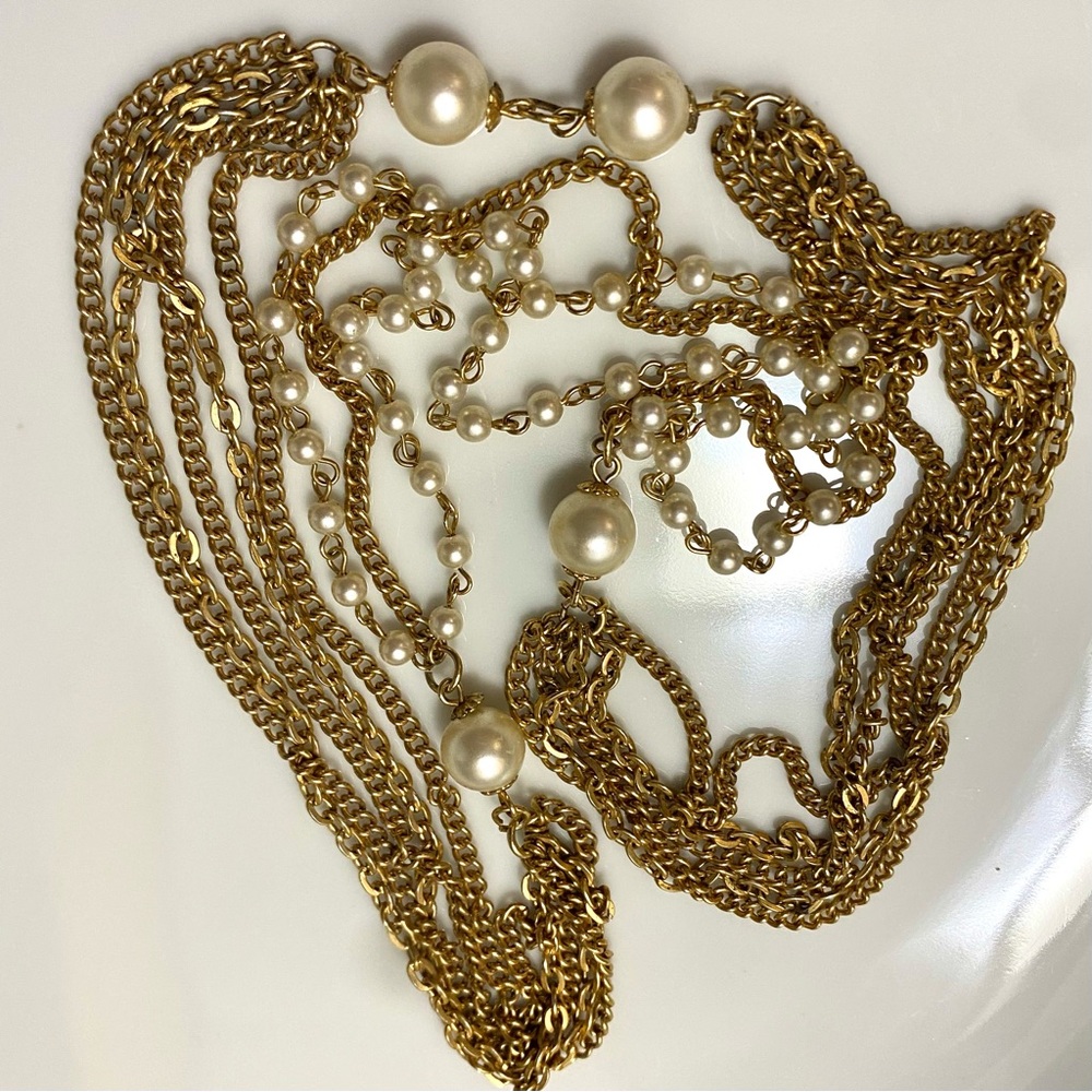 Vintage Gold Tone and Pearl Multi Strand Necklace - Picture 6 of 8